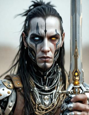 The primary subject of the image is a man with a unique appearance, featuring a mix of human and robotic elements. He is holding a sword, which adds to the dramatic and intense atmosphere of the scene. The setting appears to be a futuristic or fantasy-inspired environment, with the man standing in front of a wall. The visual style of the image is a combination of photo and digital art, creating a striking and intriguing scene. The colors and mood of the image are predominantly dark and